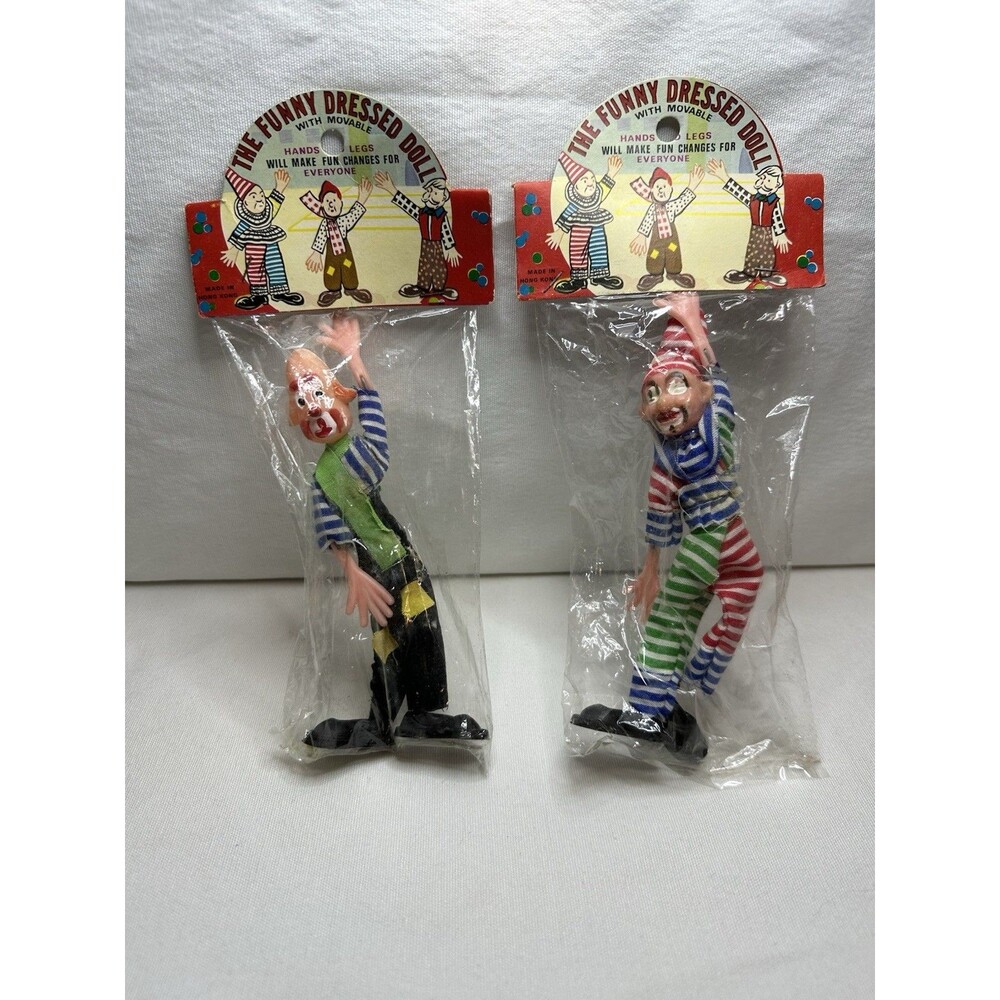 2 Rare Vintage made in Hong Kong Creepy Clowns labeled "the funny dressed doll"